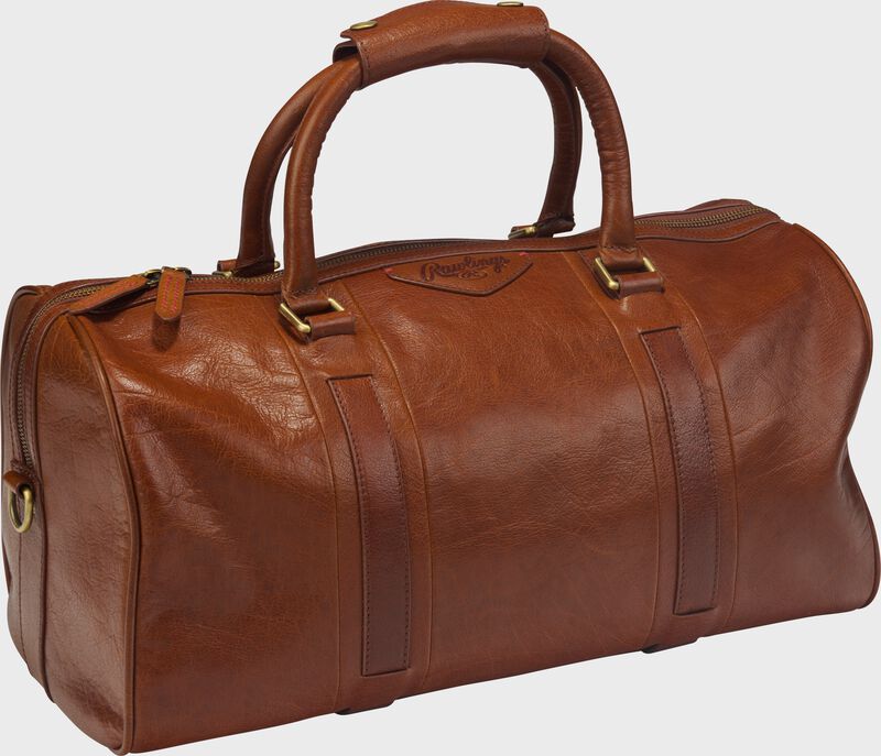 Front angle view of a tan Rawlings Home Run duffle bag