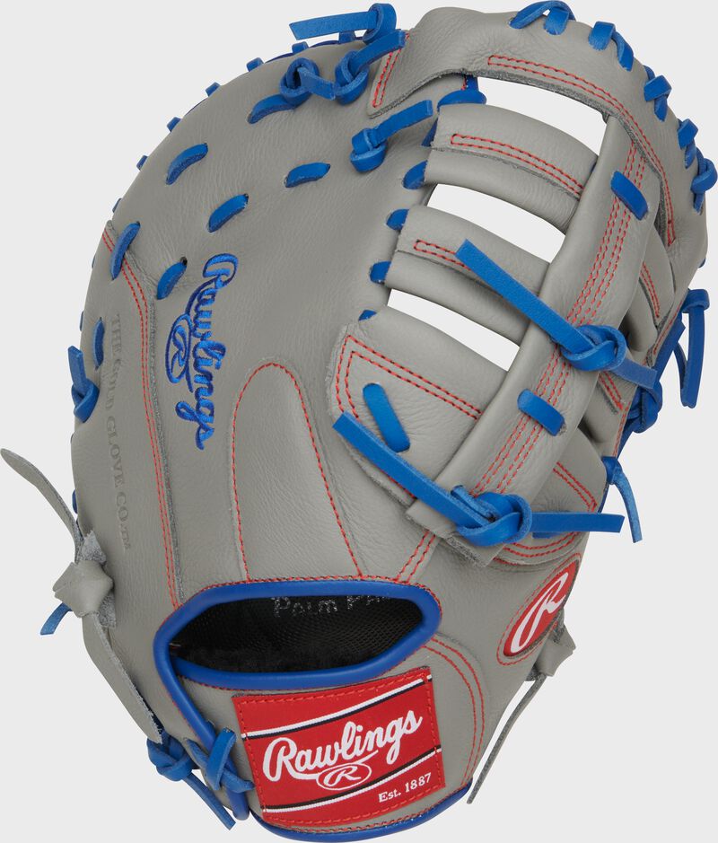 Back of a gray Rawlings Freddie Freeman Select Pro Lite First Base Mitt with a red Rawlings patch loading=