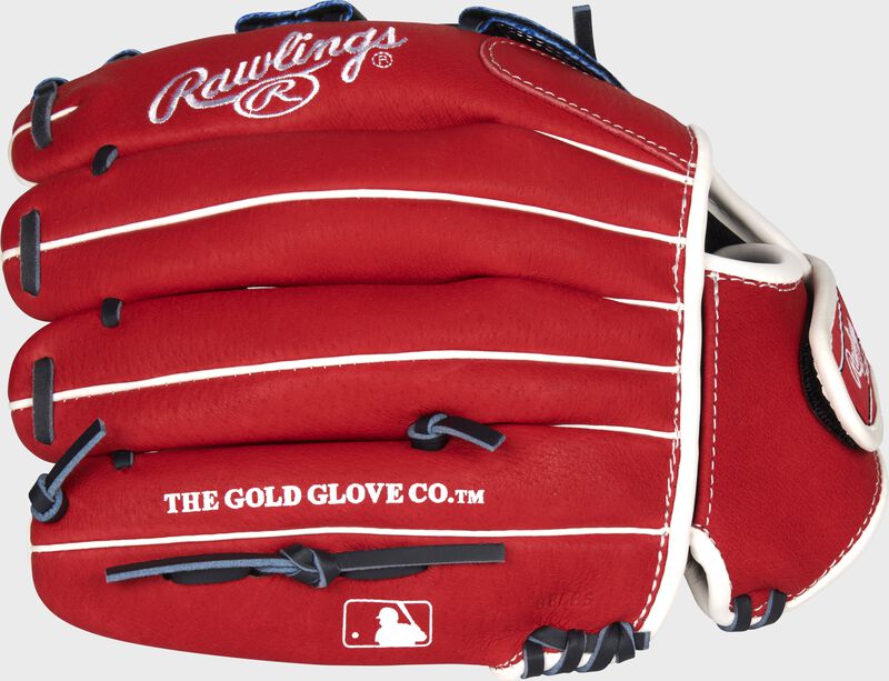 Back of a scarlet Rawlings Sure Catch glove with the MLB logo on the pinky - SKU: SC115BH loading=