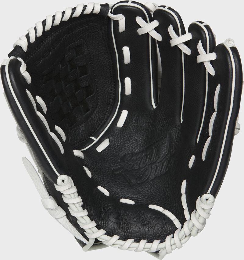 RSO120BW Rawlings Shut Out sofball glove with a black palm and white laces loading=