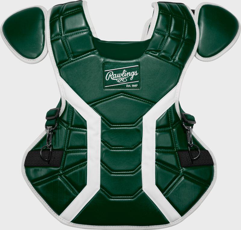 Front of a dark green Rawlings Mach Pro Series chest protector