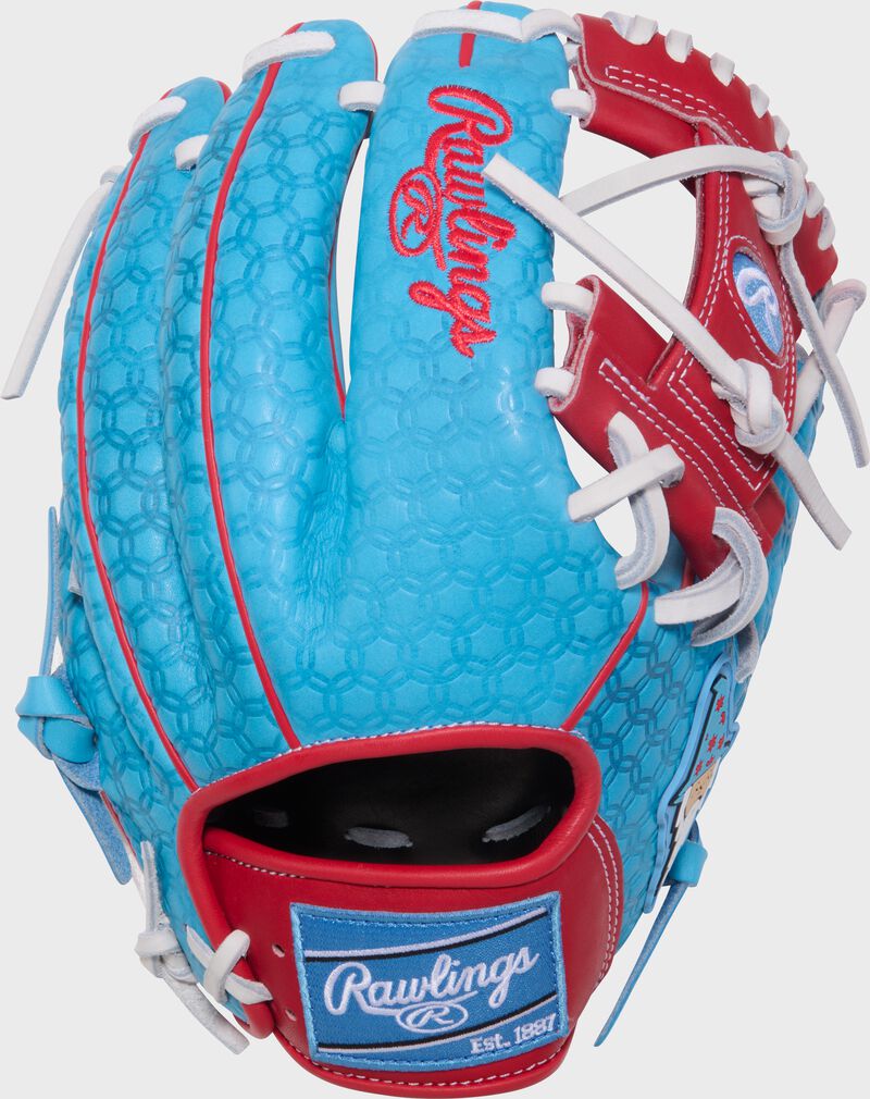 Columbia blue back of a Rawlings x Bettinardi Heart of the Hide 11.75" infield glove with a Columbia blue Rawlings patch