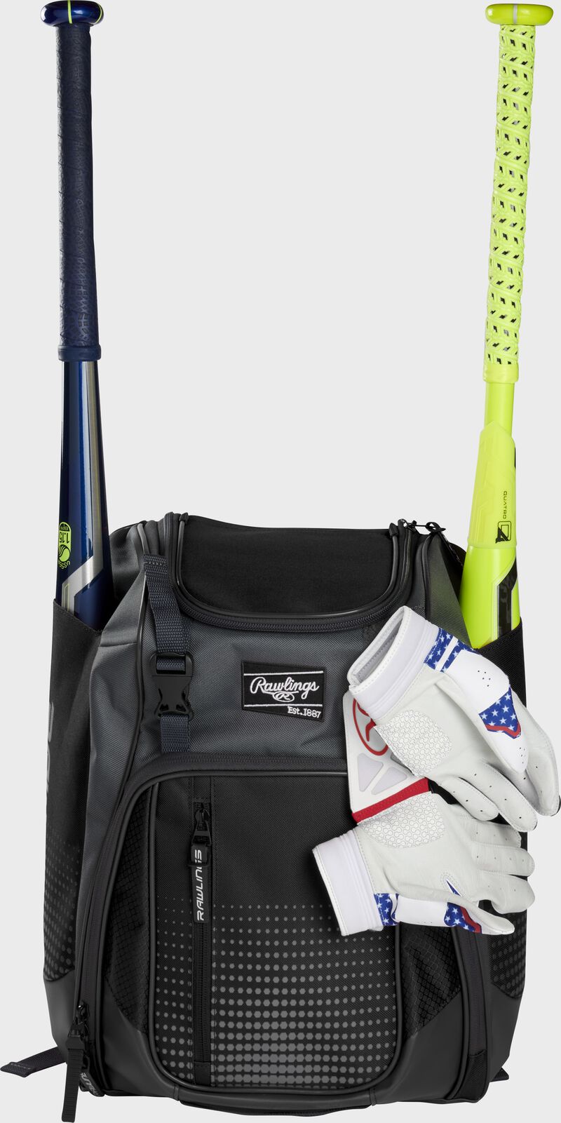 A black Franchise backpack with two bats in the sides and batting gloves on the front Velcro strap - SKU: FRANBP-B