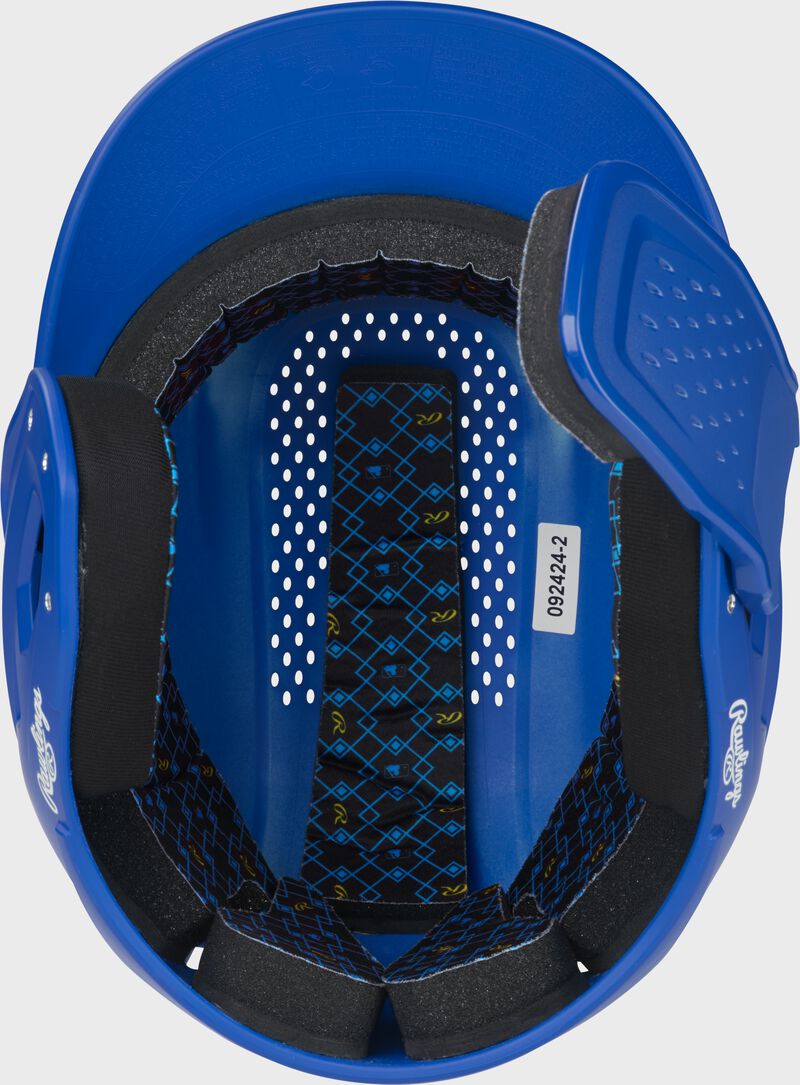 Inside padding of a royal Rawlings RX2 Reverse batting helmet