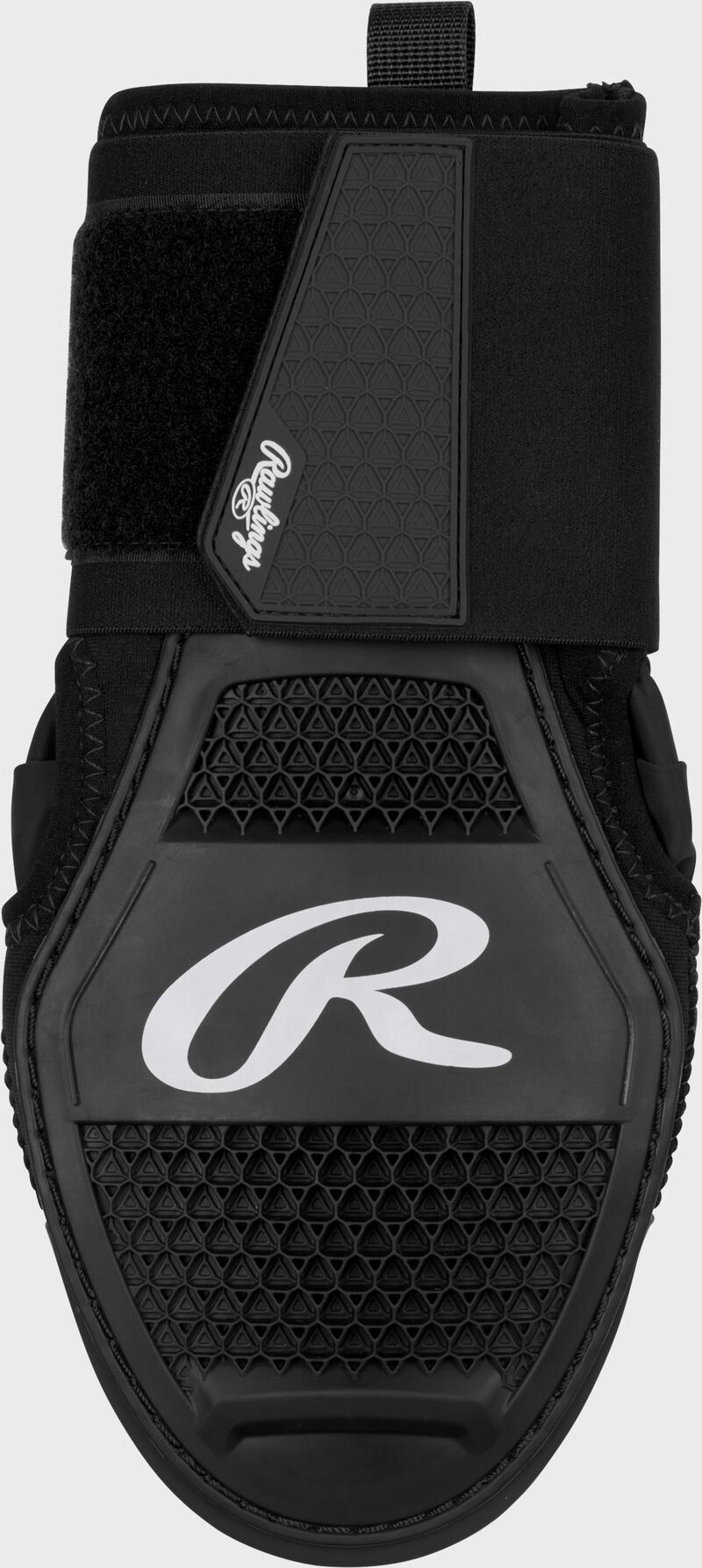 Back of hand of a black Rawlings sliding mitt with a white "R" logo loading=