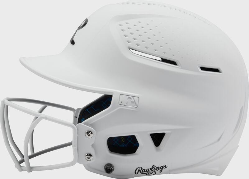 Left side of a white Rawlings RX2 fastpitch batting helmet