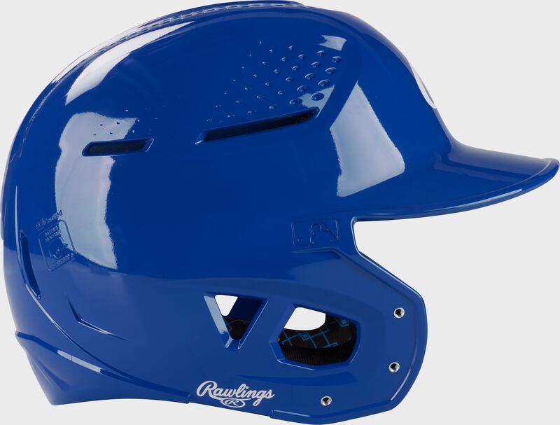 Right side of a royal Rawlings RX2 gloss baseball batting helmet