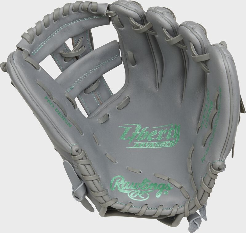 Palm of a gray Rawlings Liberty Advanced fastpitch softball glove with gray laces and mint stamping - SKU: RLA715-32G loading=