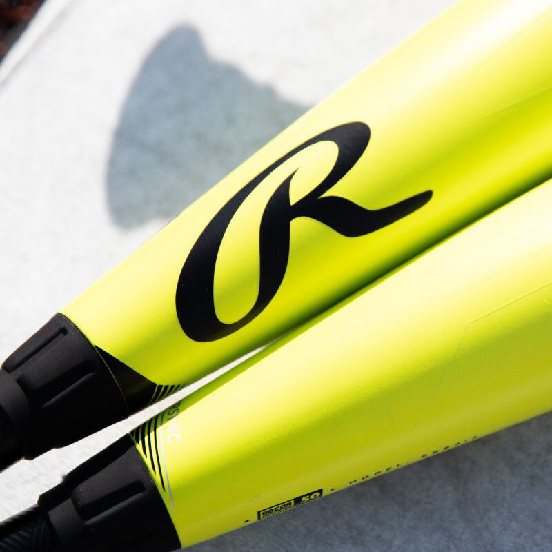 2 "Glowstick" Icon BBCOR bats with the Rawlings "R" logo showing on one - SKU: RBB4I3 loading=