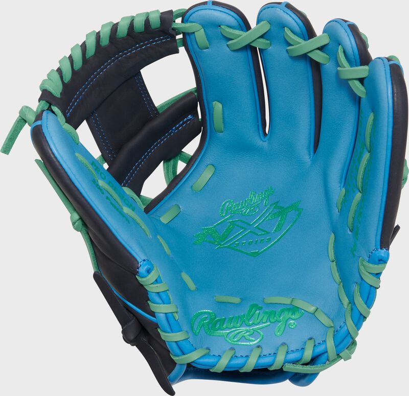 Columbia blue palm of a Rawlings Exclusive Rawlings NXT Series 11.5" Infield Glove with gray laces loading=