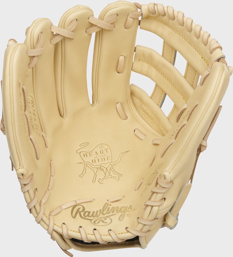 Camel palm of a HOH R2G Kris Bryant glove with a camel web and laces - SKU: PRORKB17-RH