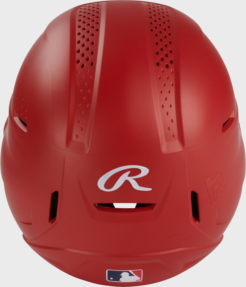 Back of a scarlet Rawlings RX2 Reverse batting helmet