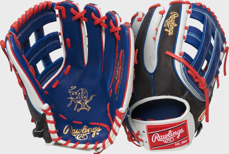 Two images showing the palm & back of a black mesh/white/royal Gameday 57 Series Adolis García Heart of the Hide Glove