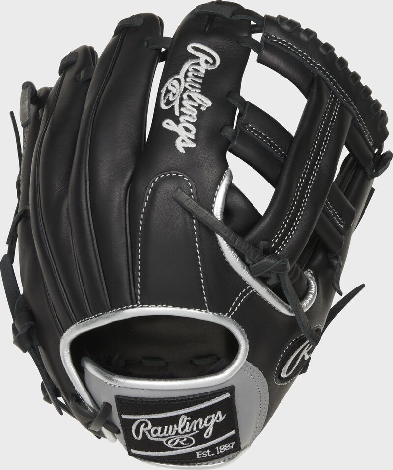 Back of a black Encore 11.25-Inch single post web glove with a black Rawlings patch - SKU: EC1125-20B