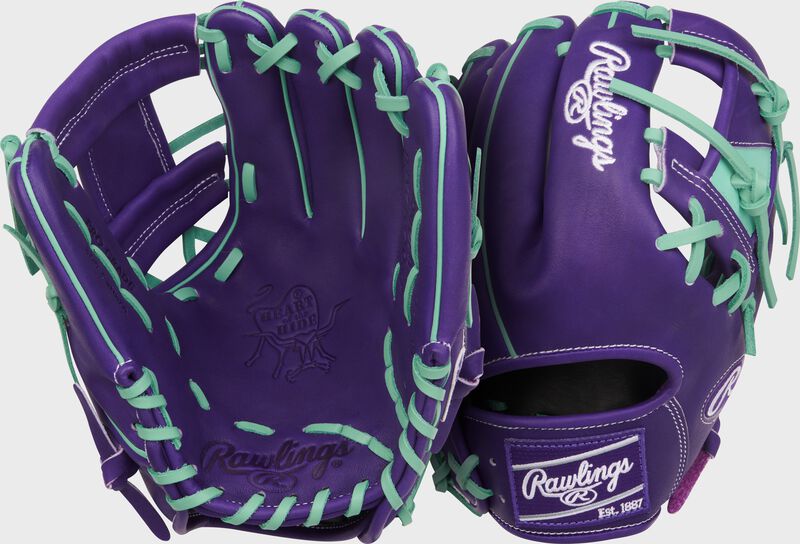 Two images showing the palm & back of a Heart of the Hide 11.5-Inch Purple Infield Glove