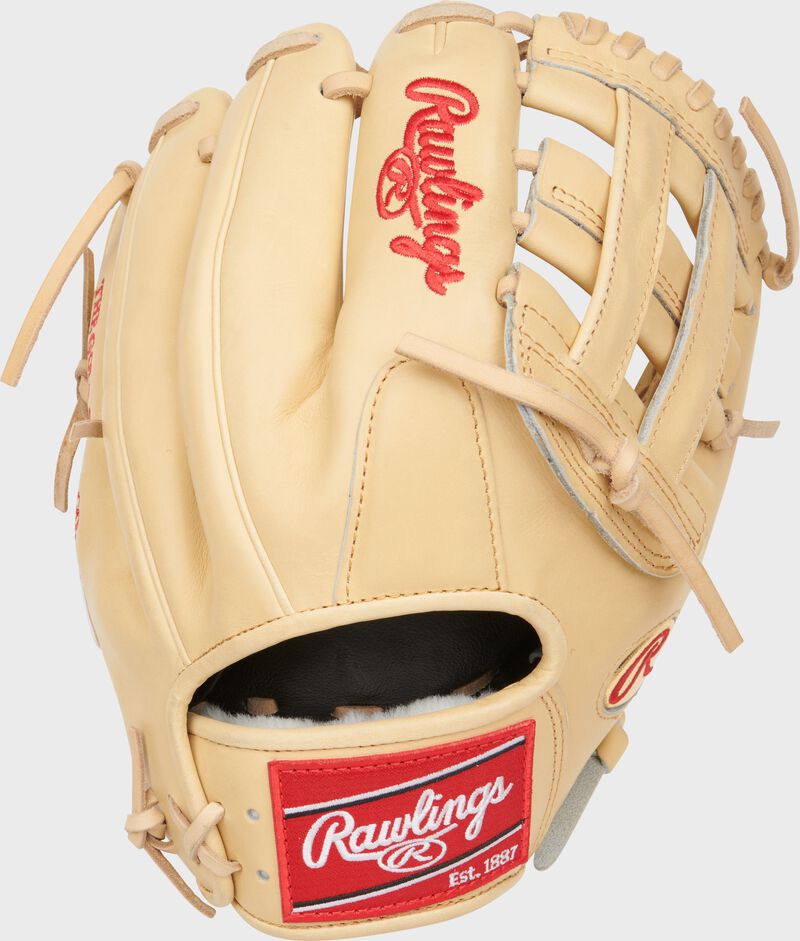 Camel back of a Pro Preferred Brendan Donovan H-web glove with a red Rawlings patch - SKU: PROS204-6BD loading=