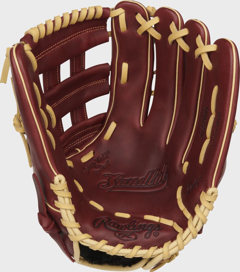 Palm of a sherry Rawlings Sandlot Series outfield glove with camel laces - SKU: S1275HS