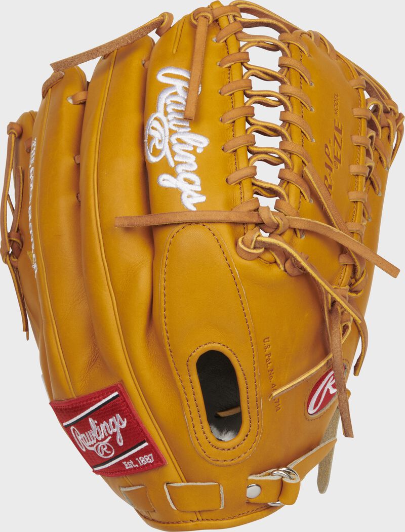 Back of a rich tan Pro Preferred Trap-Eze web outfield glove with a fastback back - SKU: PROSMT27RT