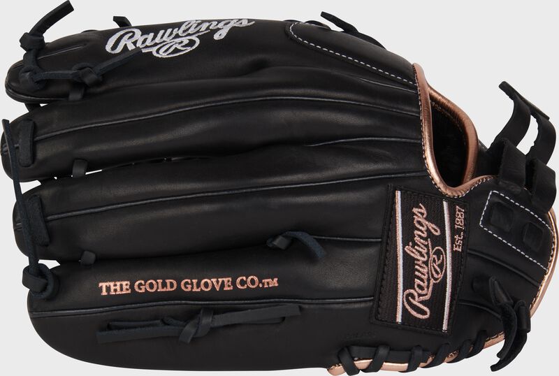 Back of a black R9 Series 12" fastpitch glove with a black/rose gold Rawlings patch loading=