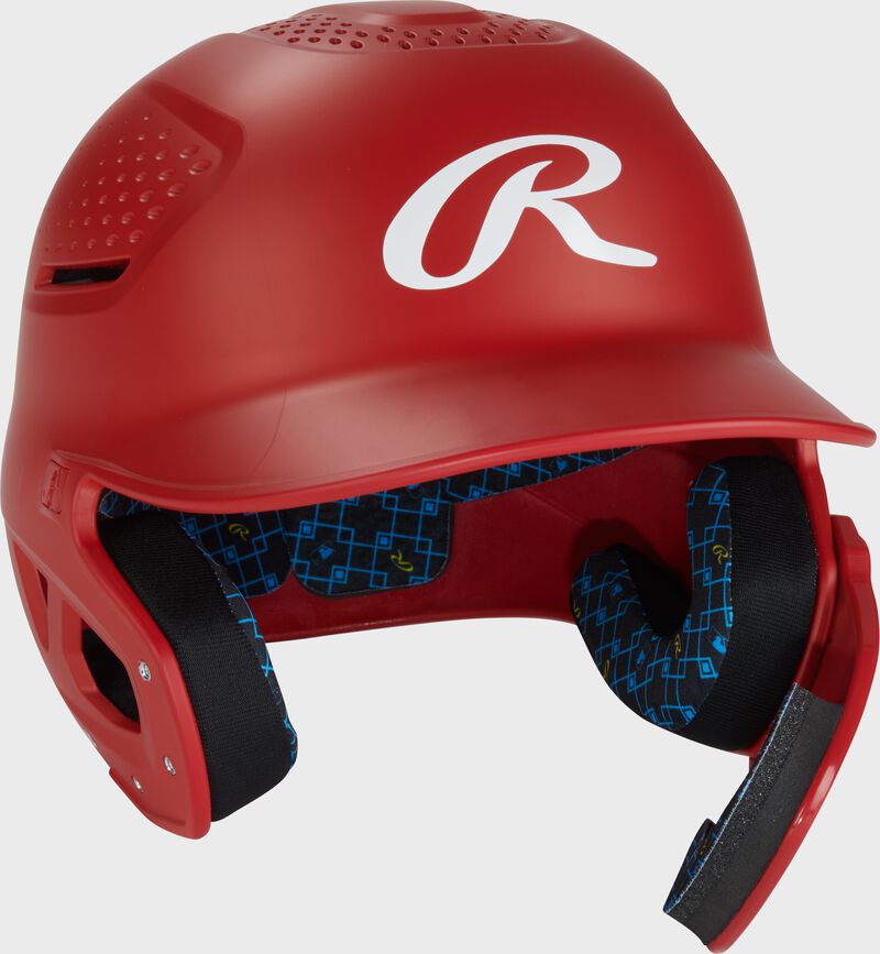 Front right of a scarlet Rawlings RX2 Reverse batting helmet