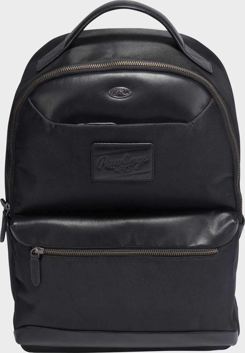 Front of a black Rawlings Deuce backpack loading=