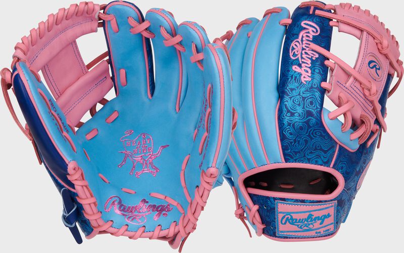 Two images showing the palm & back of a Heart of the Hide Vibrant Series blue topo print 11.5" infield glove