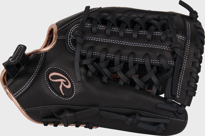 Thumb of a black R9 Series 12" infield/pitcher's fastpitch glove with a black Modified Trap-Eze web loading=