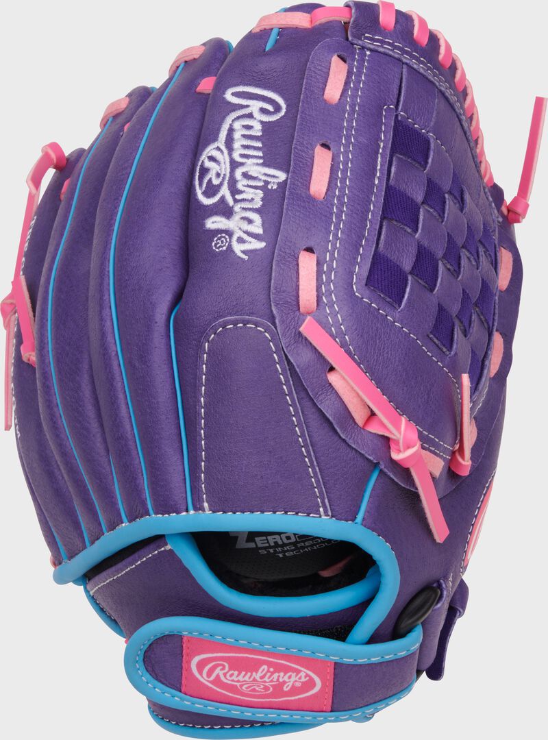 Back of a purple/Columbia blue/pink Sure Catch Softball 11-inch Youth Softball Glove loading=