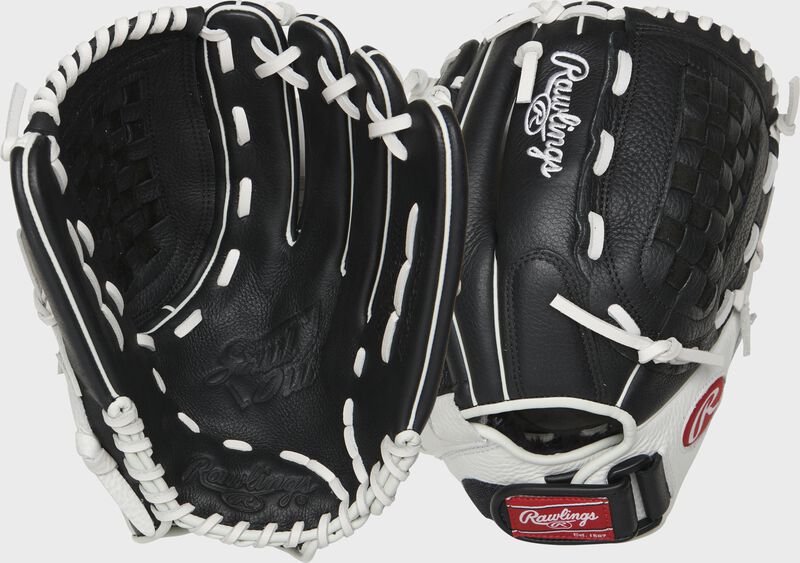 Two images showing the palm & back of a black/white Shut Out 12.5" softball glove