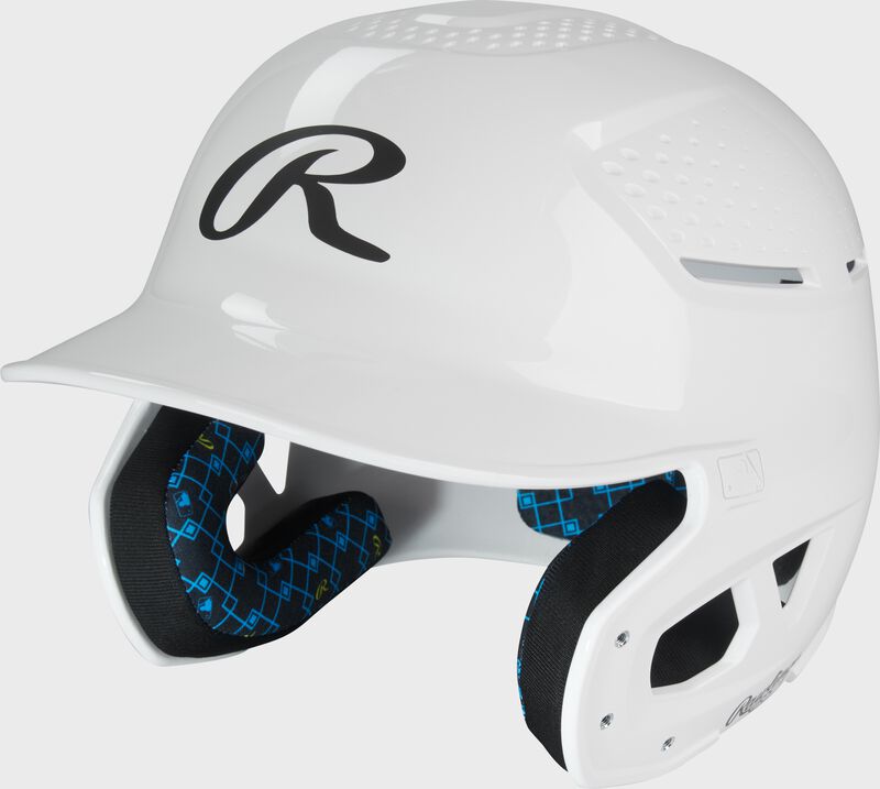 Front left of a white Rawlings RX2 gloss baseball batting helmet