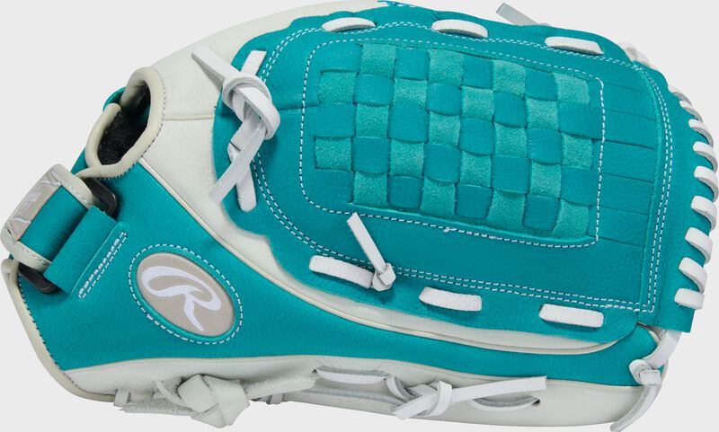 Thumb of a white/teal Shut Out 13-inch Fastpitch Softball Glove