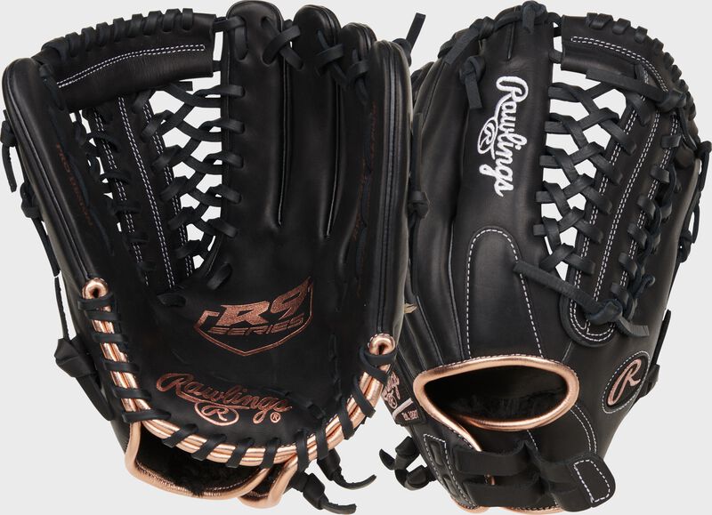 Two images showing the palm & back of a black R9 Series 12" infield/pitcher's fastpitch glove loading=