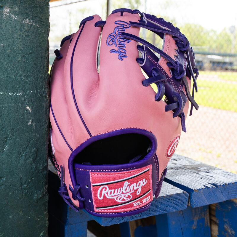 Picture of the back of a Rawlings exclusive 11.5" R2G Heart of the Hide pink/purple infield glove leaned against a wall