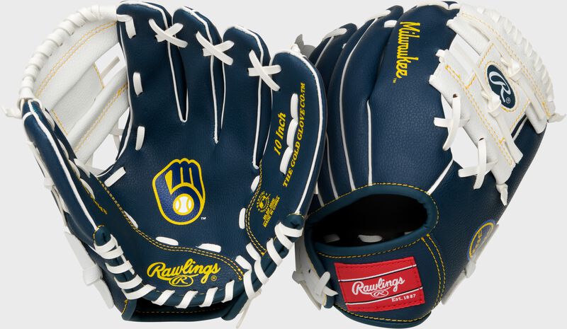 Two images showing the palm & back of a navy Milwaukee Brewers team logo youth glove loading=