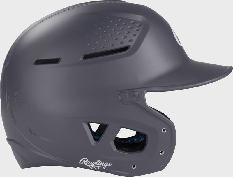 Right side of a graphite Rawlings RX2 batting helmet