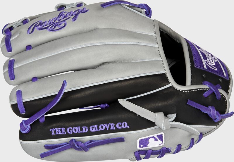 Gray/black back of a Colorado Rockies Heart of the Hide infield glove with the MLB logo on the pinky - SKU: RSGPROTT2-20COL