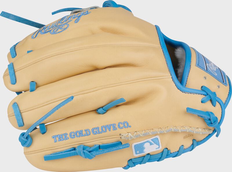 Back of a camel Rawlings Pro Preferred 11.5-Inch Infield Glove with the MLB logo on the pinky