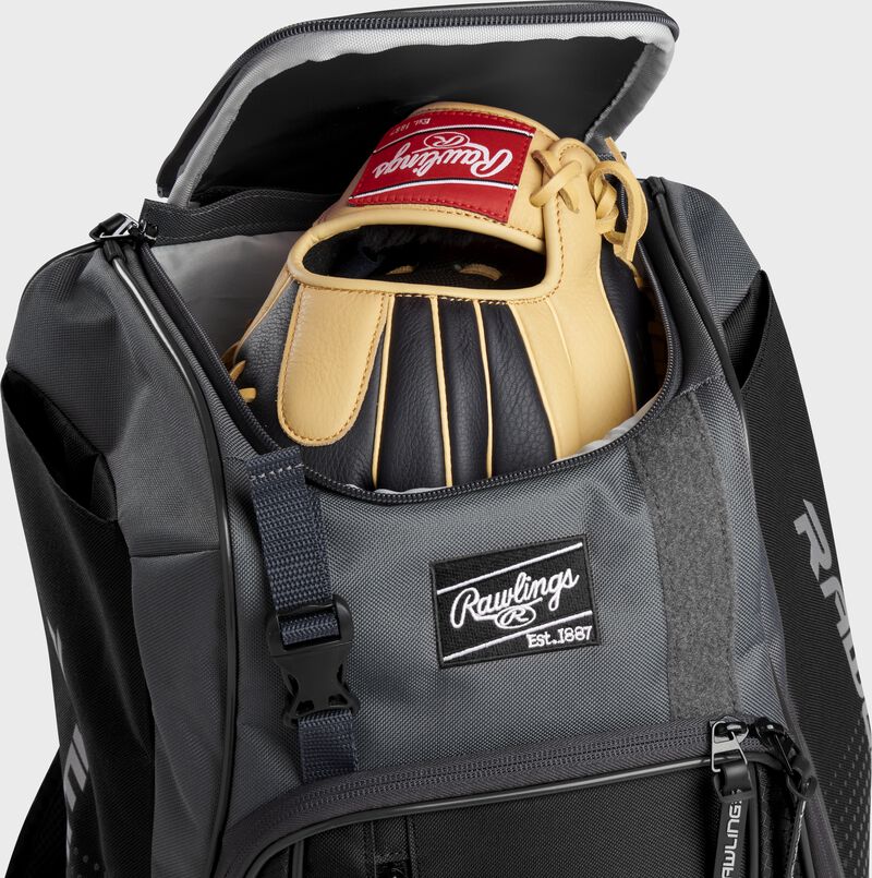 A Rawlings baseball glove in the top compartment of a Franchise baseball backpack - SKU: FRANBP-B