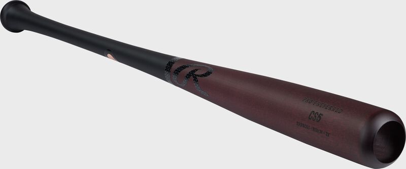 Front 3/4 angle of a black/maroon CS5 Rawlings Pro Preferred birch wood bat - SKU: RPPBCS5