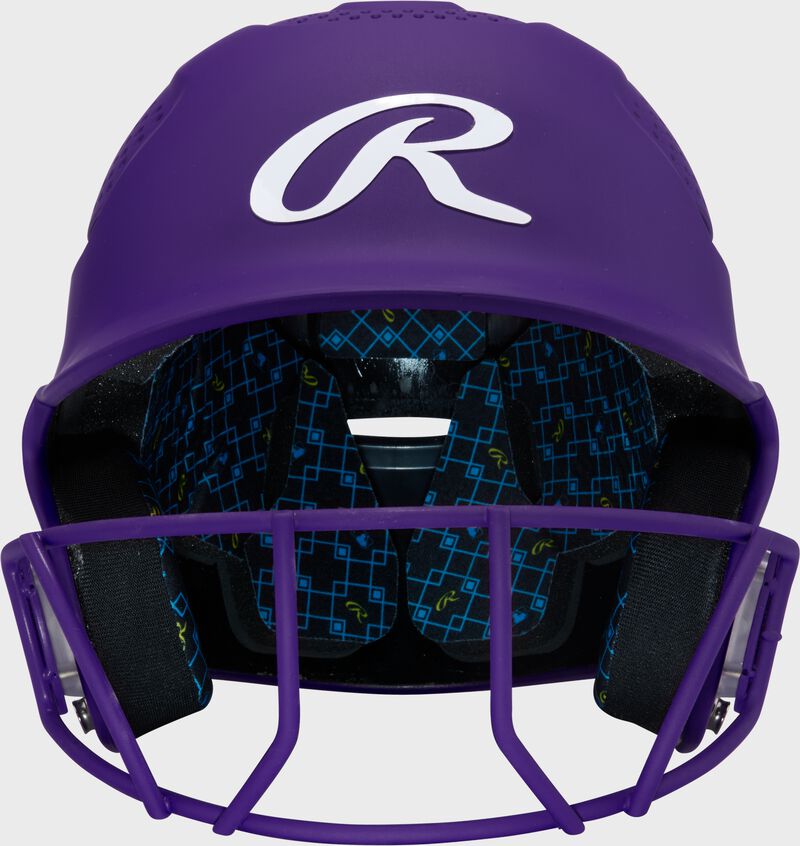Front of a purple Rawlings RX2 fastpitch batting helmet loading=