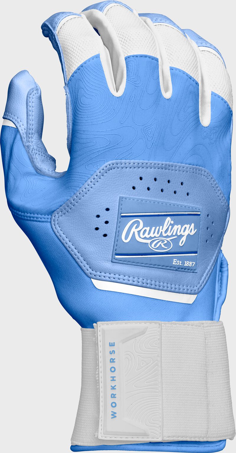 Back of a Columbia blue Workhorse compression strap batting glove