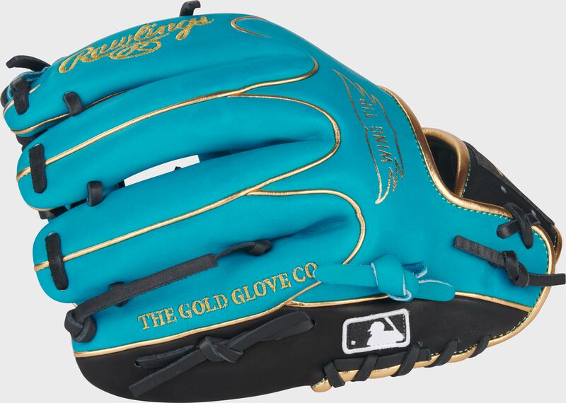 Teal Wing Tip back of an Exclusive Heart of the Hide Teal 11.5-inch Wing Tip Glove with the MLB logo on the pinky