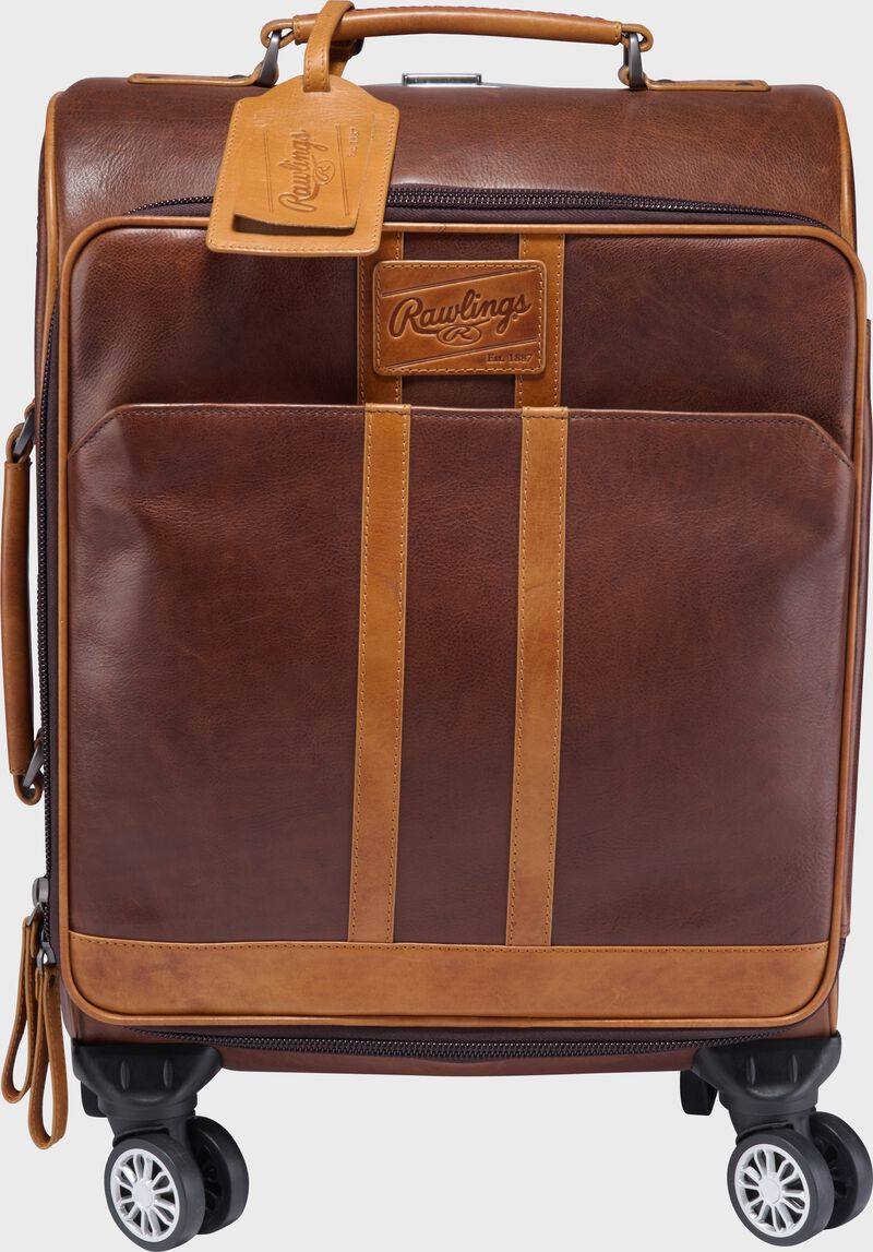 Front view of a brown leather Rawlings Heritage Spinner Trolley Bag