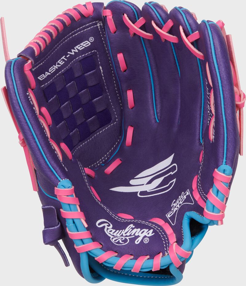 Palm of a purple/Columbia blue/pink Sure Catch Softball 11-inch Youth Softball Glove loading=