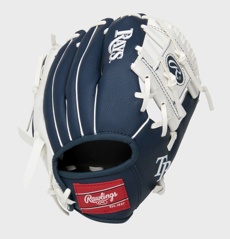 Back of a navy/white Tampa Bay Rays 10-Inch I-web glove with a red Rawlings patch - SKU: 22000009111