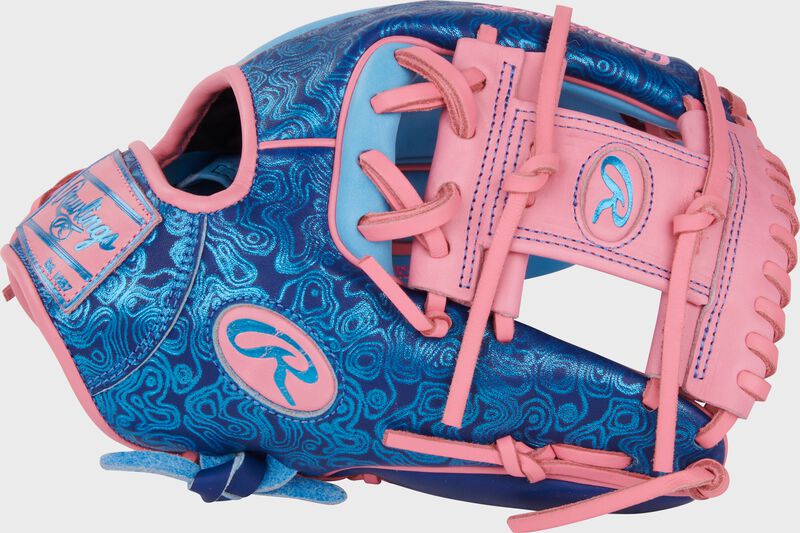 Royal topo print thumb of a Heart of the Hide Vibrant Series blue topo print 11.5" infield glove with a pink I-web