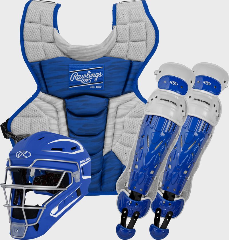 A royal Velo 2.0 catcher's gear set with a catcher's helmet, chest protector and leg guards - CSV2A-R/W