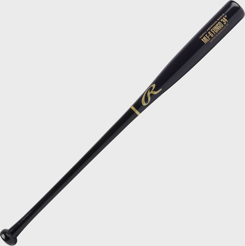 Angled view of a 34" Rawlings Maple fungo bat with a black handle and navy barrel - SKU: MLF5-B-N-34 loading=