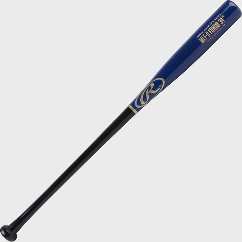Angled view of a 34" Rawlings Maple fungo bat with a black handle and royal barrel - SKU: MLF5-B-R-3 loading=