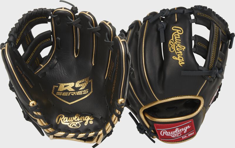 Two images showing the palm & back of a black R9 Series 9.5" training glove